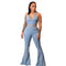 Womens Button Zipper Jeans Denim Flares Sexy Set Tops Pants Suit